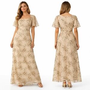 JS Collections Maxi Dress Womens 6 Gold Floral Sequin Square Neck Flutter Sleeve